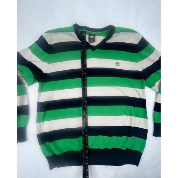 Timberland Mens V Neck Striped Sweater Green Navy Cream XL Regular Fit Cotton - Picture 4 of 9